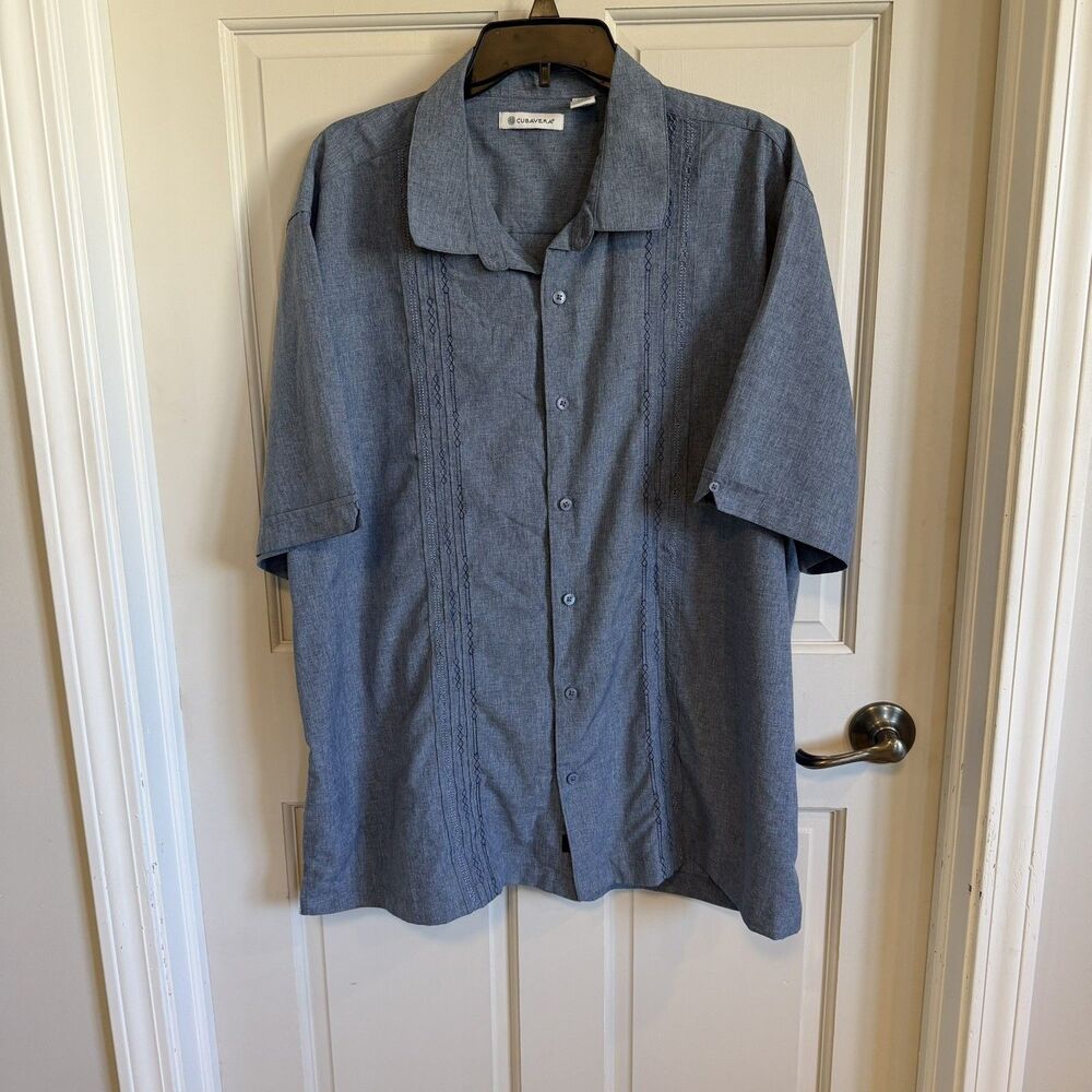 Cubavera Men's Geo Embroidered Panel Chambray Shirt Dress Blue Size XXL